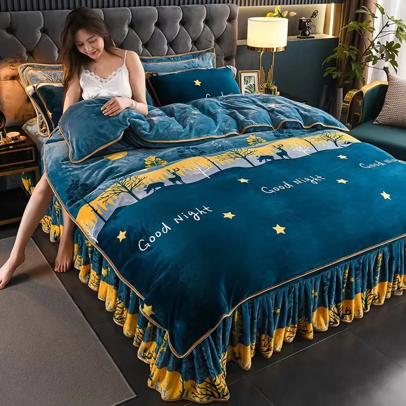 

Sold Color Fine Velvet 4pcs Bedding Set King Queen Size Thicken Quick Warm Coral Fleece Quilt Cover Bed Sheet Pillowcase