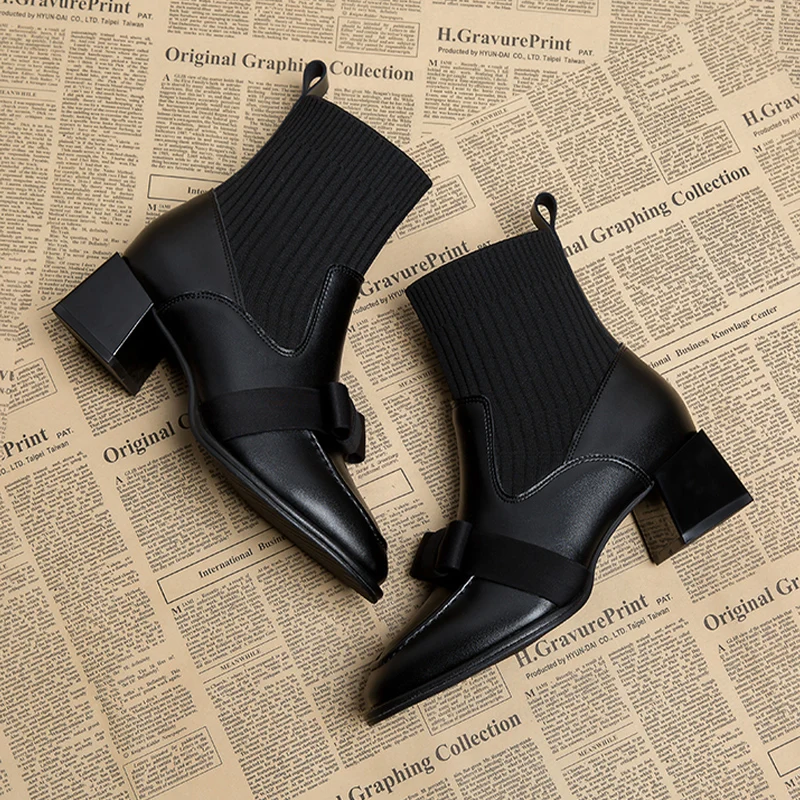 Bow Snow Ankle Boots for Women Mid Calf Winter Shoes Chunky Designer Fashion Sock Boots 2024 Trend Goth Dress Mujer Zapatillas