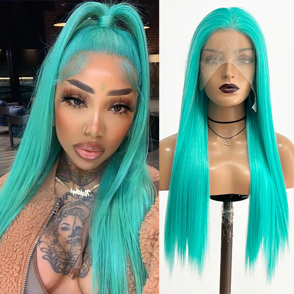 

AIMEYA Synthetic Straight Lace Front Wigs For Women Green Lace Front Wigs for Black Women High Temperature Fiber Cosplay Wigs