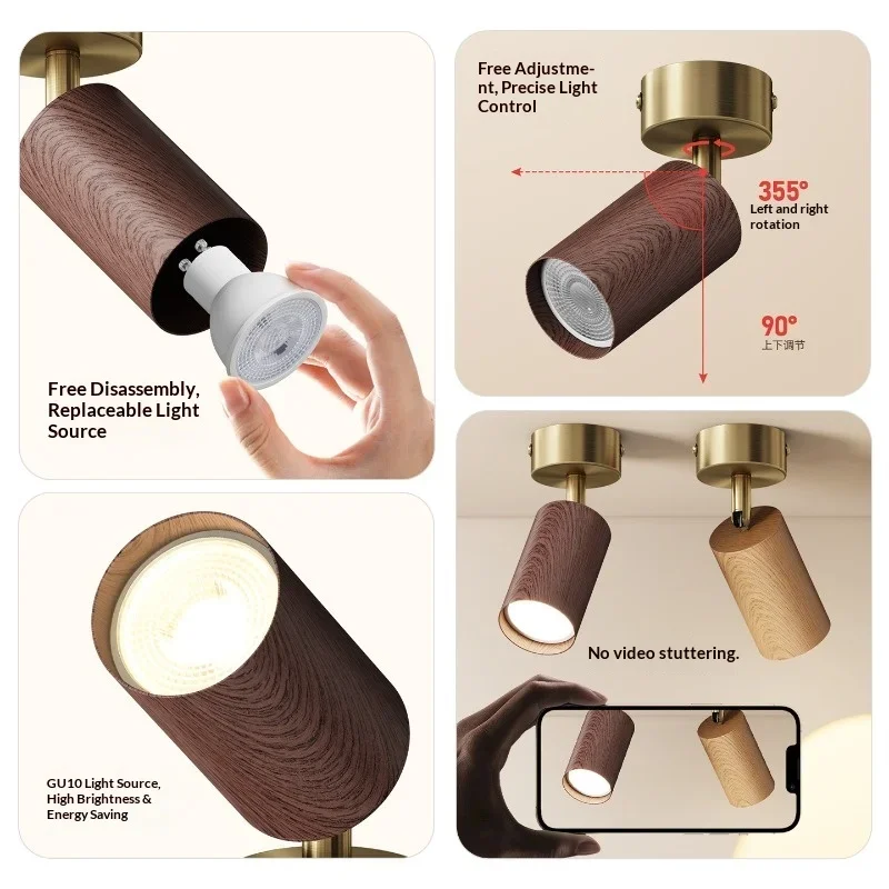Mid Century Walnut Surface Mount Spotlight Living Bedroom TV Background Decorative LED Home Decor Wall Lamp Ceiling Fixture