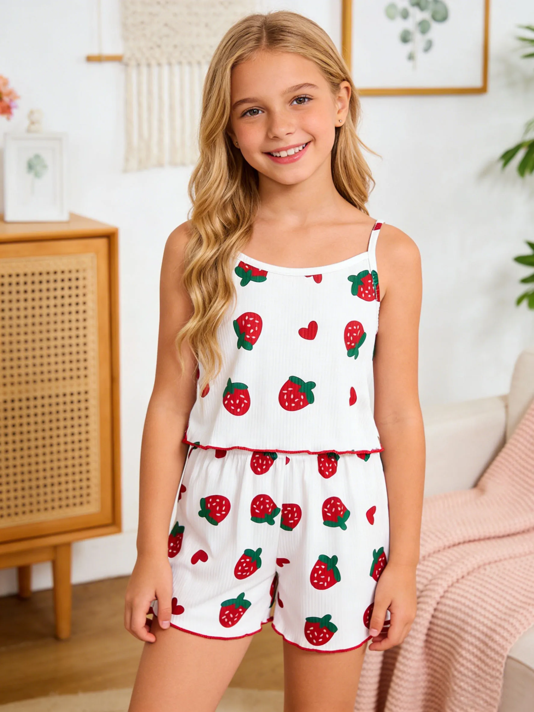 Girls' fashionable home clothing set summer style, girls' outdoor leisure elegant strawberry pattern top vest shorts