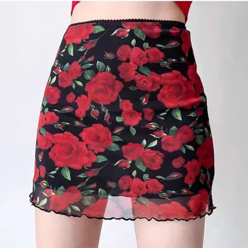 Vintage Rose Print Mini Skirt Double Layered Mesh Skirt Women High Waist A-line Harajuku Y2k Casual Fashion Short Skirt