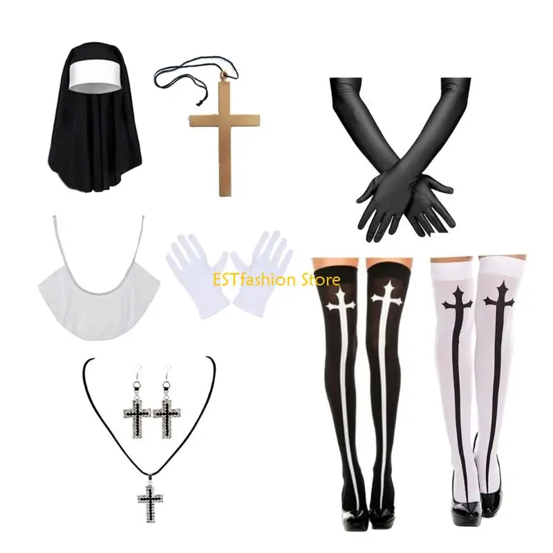 

Y5GC Nun Role Play Costume for Women Include Nun Headpiece Necklace Collar Stocking