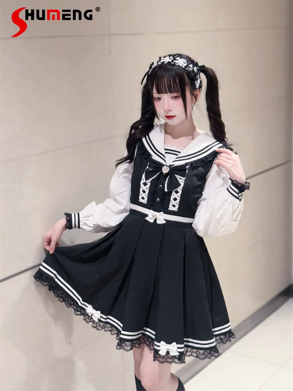

Original Japanese Mines Style Mass-Produced Sweet Cute Dresses Rabbit Ear Navy Collar Bow Long Sleeve A-line Short Dress Women