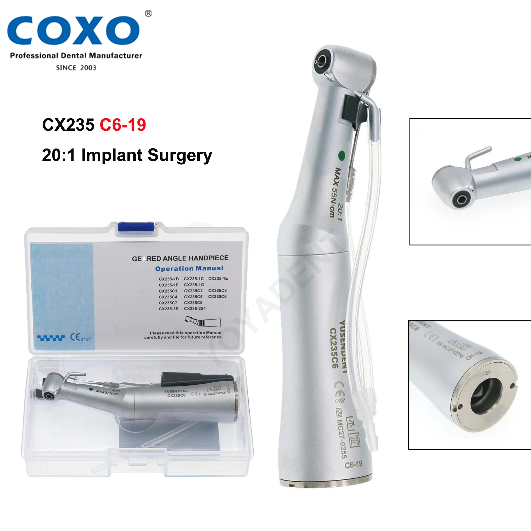 COXO Dental 20:1 Reduction Implant Surgery Low Speed Handpiece Push Button Contra Angle Handpiece E Type Fit KAVO NSK C6-19