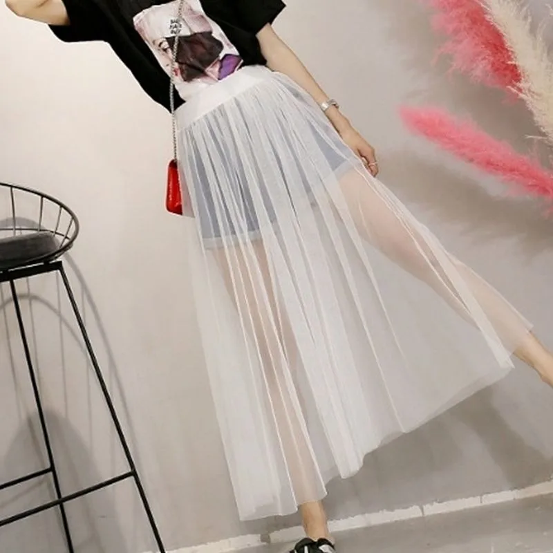 Mesh Skirts for Women All-match Loose Elastic Waist Korean Style Thin Spring Summer Clothing Outwear Chic Solid Popular College