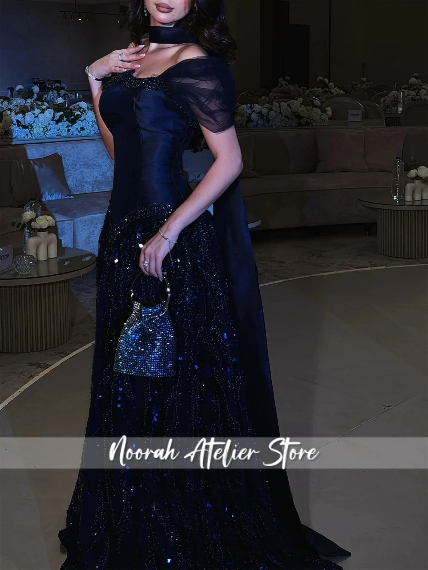 Navy Blue Evening Dresses Short Sleeves Sequin Arabic Dubai Wedding Party Dress Beading Prom Dress Vestidos 2025 Customized