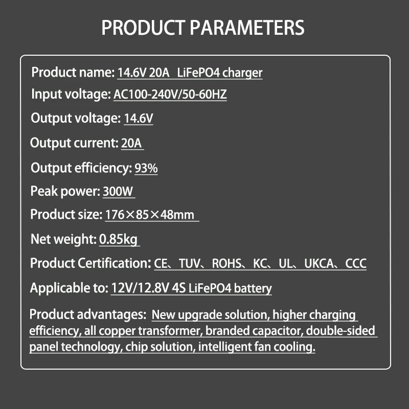 Carregador de bateria lifepo4 de 14.6v 20a com ventilador de refrigeração para 4S 12v 12.8v bateria de fosfato de ferro de lítio com plugue ue/eua/reino unido/au