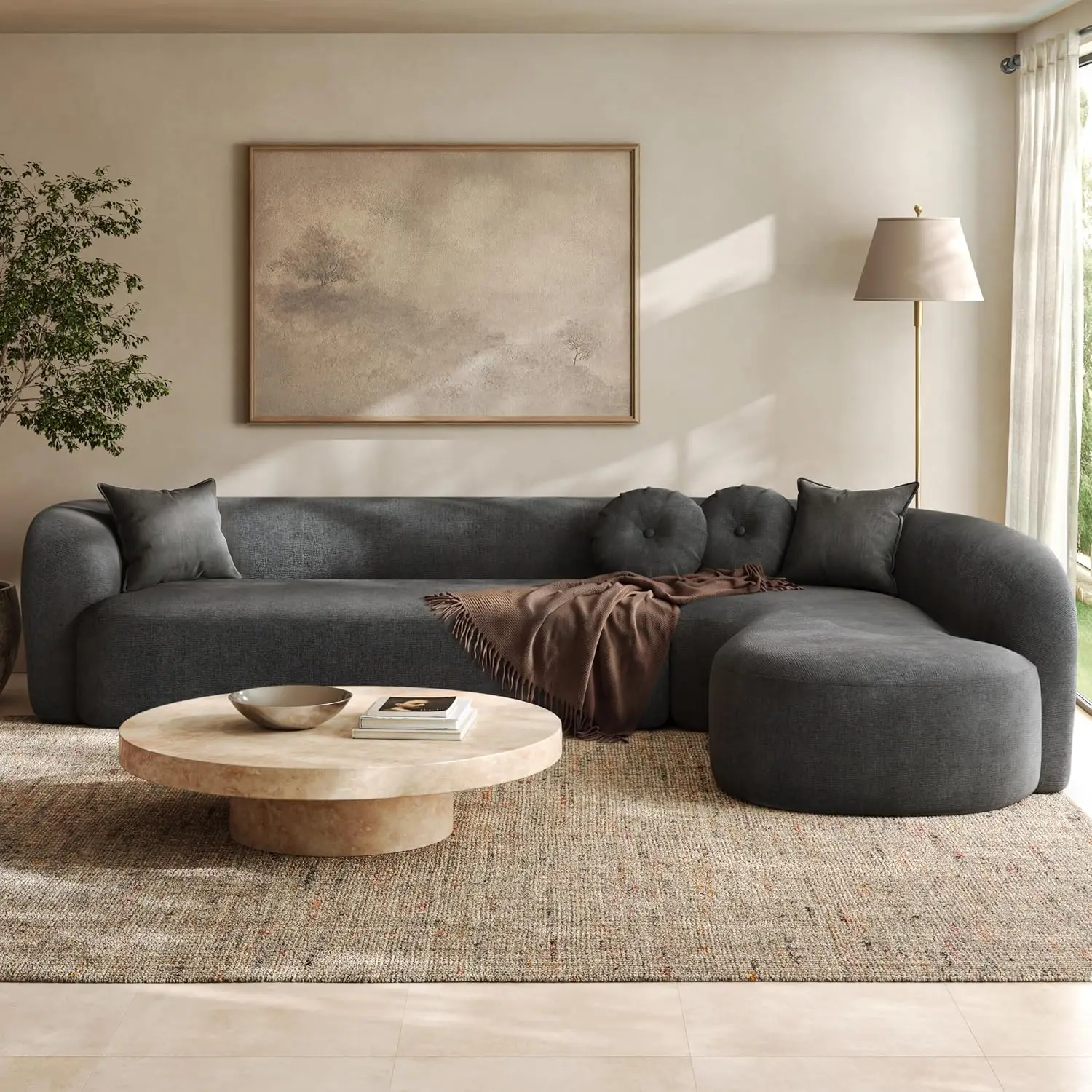 Curved Modular Sofa, Grey Chenille Fabric L-Shaped Chaise With High Density Foam For Living Room, Gray+Charcoal, Customized
