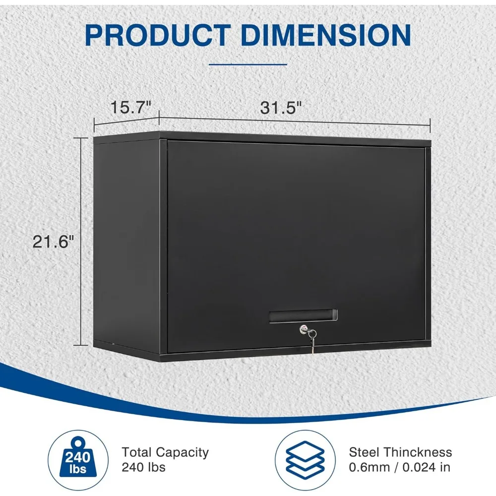 Black Metal Wall-Mounted Storage Cabinet with Shelf and Lock for Garage, Warehouse, Home Organization