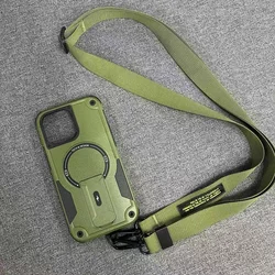 Long Strap Crossbody Magnetic Bracket Magsafe Case for iPhone 16 15 14 13 12 11 Pro Max Shockproof Outdoor Sports Defender Cover