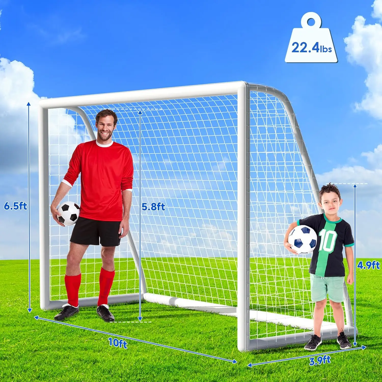 Soccer Goal Set 10x6.5ft for Backyard Portable Soccer Goal Ground Stakes for Kids, Adults Weatherproof PVC Frame, 2xFootball Net