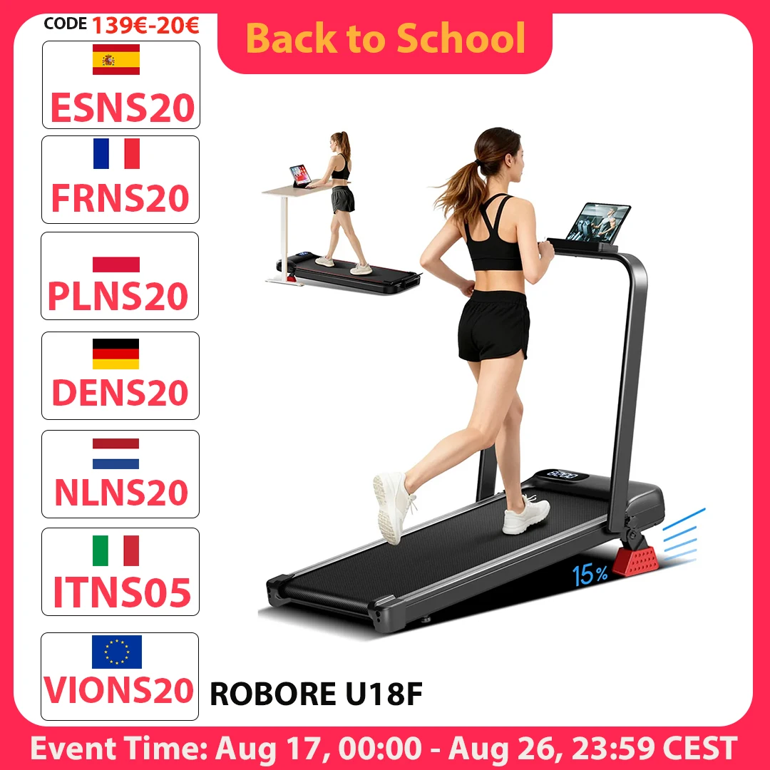 Tapis roulant pliable ROBORE U18F avec inclinaison de 15 %, vitesse maximale de 10 km/h, moteur de 2,5 CV, 3 niveaux d'inclinaison, capacité de 136 kg, écran LED