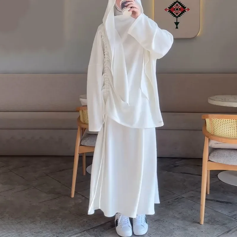 

Skirt Suit Women 2 Piece Set Top Long Skirts Muslim Prayer Outfits Khimar Drawstring Folds Eid Morocco Dubai Ramadan 2025