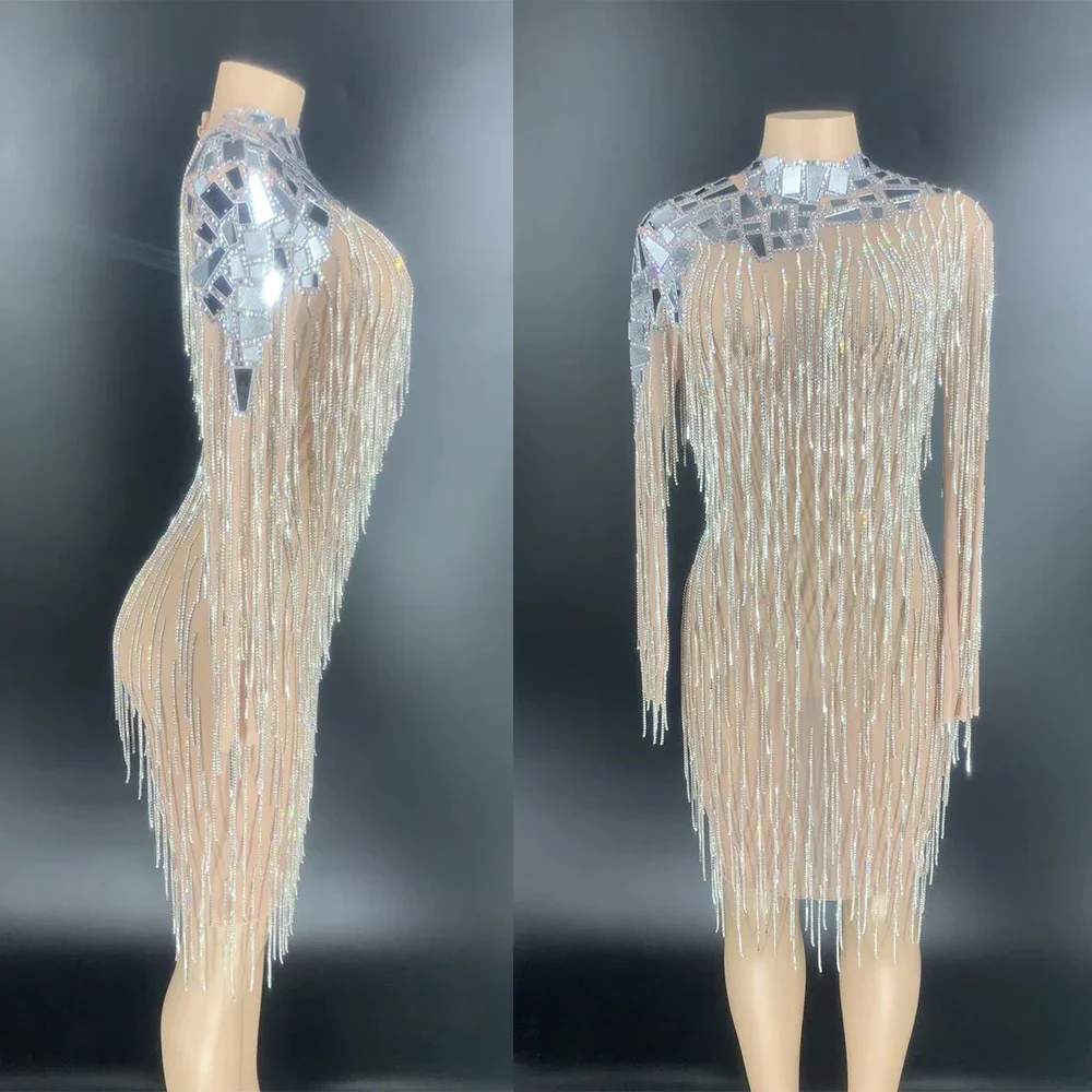 Błyszczące cekiny lustrzane odblaskowe kryształowe frędzle kobiety ubierają Backless sukienka z długim rękawem strój do klubu nocnego kostium na przyjęcie urodzinowe