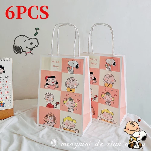 Bolsa de papel de Snoopy de 6 uds., bolso de dibujos animados, bonitos aperitivos, embalaje de dulces, bolsas de regalo, decoración de fiesta para niños, bolsas de compras reciclables para comestibles