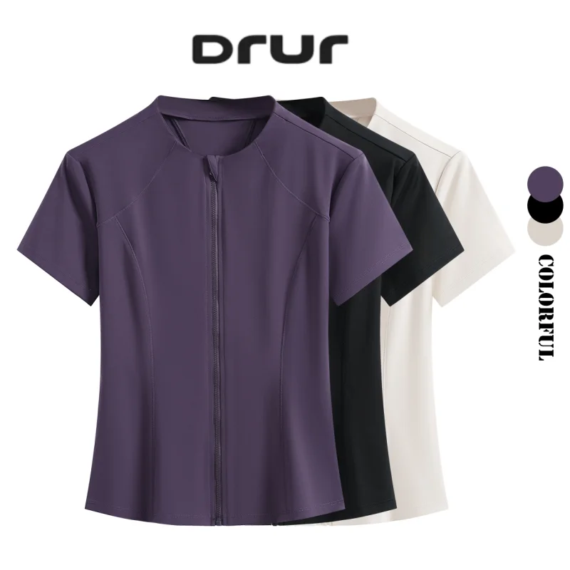 DRUR Full Zip Yoga Shirt For Women With Lightweight Active Running Track Jacket Workout Short Sleeve Top Slim Fit Gym Sportswear