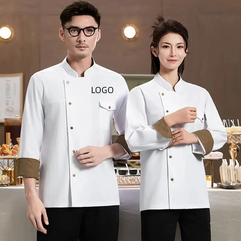 Spring And Autumn Chef Work Clothes Long Sleeve Color Blocked Cuffs Barbecue Western Restaurant Kitchen Workwear Print Logo