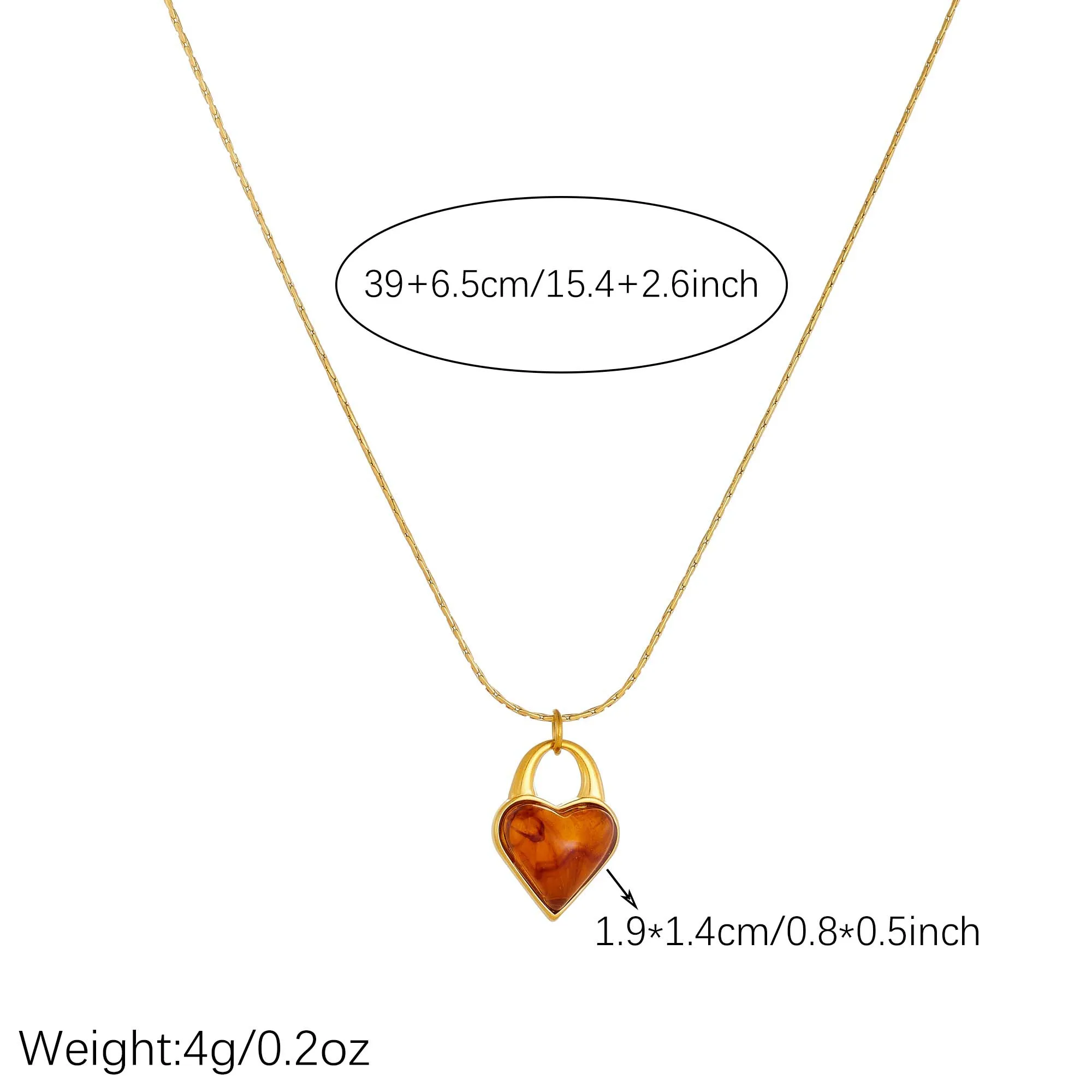 DIEYURO Stainless Steel Heart Lock Pendant Necklace Vintage Amber Resin Heart Charm Golden Neck Chain Trendy Love Jewelry Gift