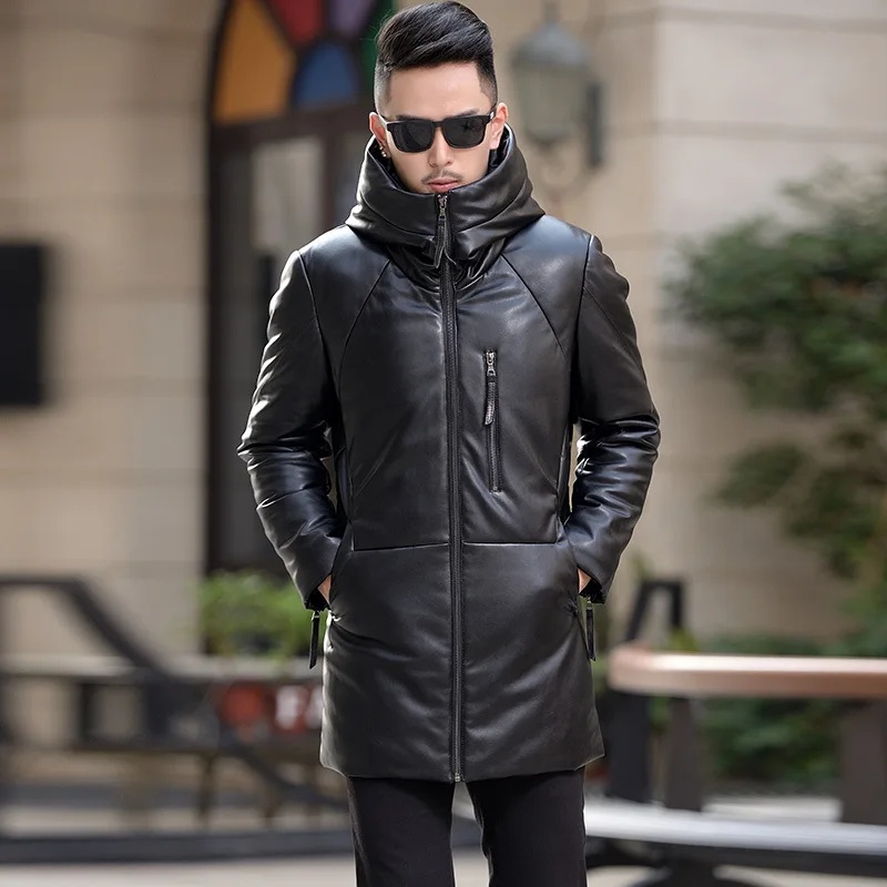 Winter Puffer Jacket Men Leather Duck Down Jacket Men Mid Long Hooded Genuine Leather Sheepskin Coat Men Down Jacket Waterproof