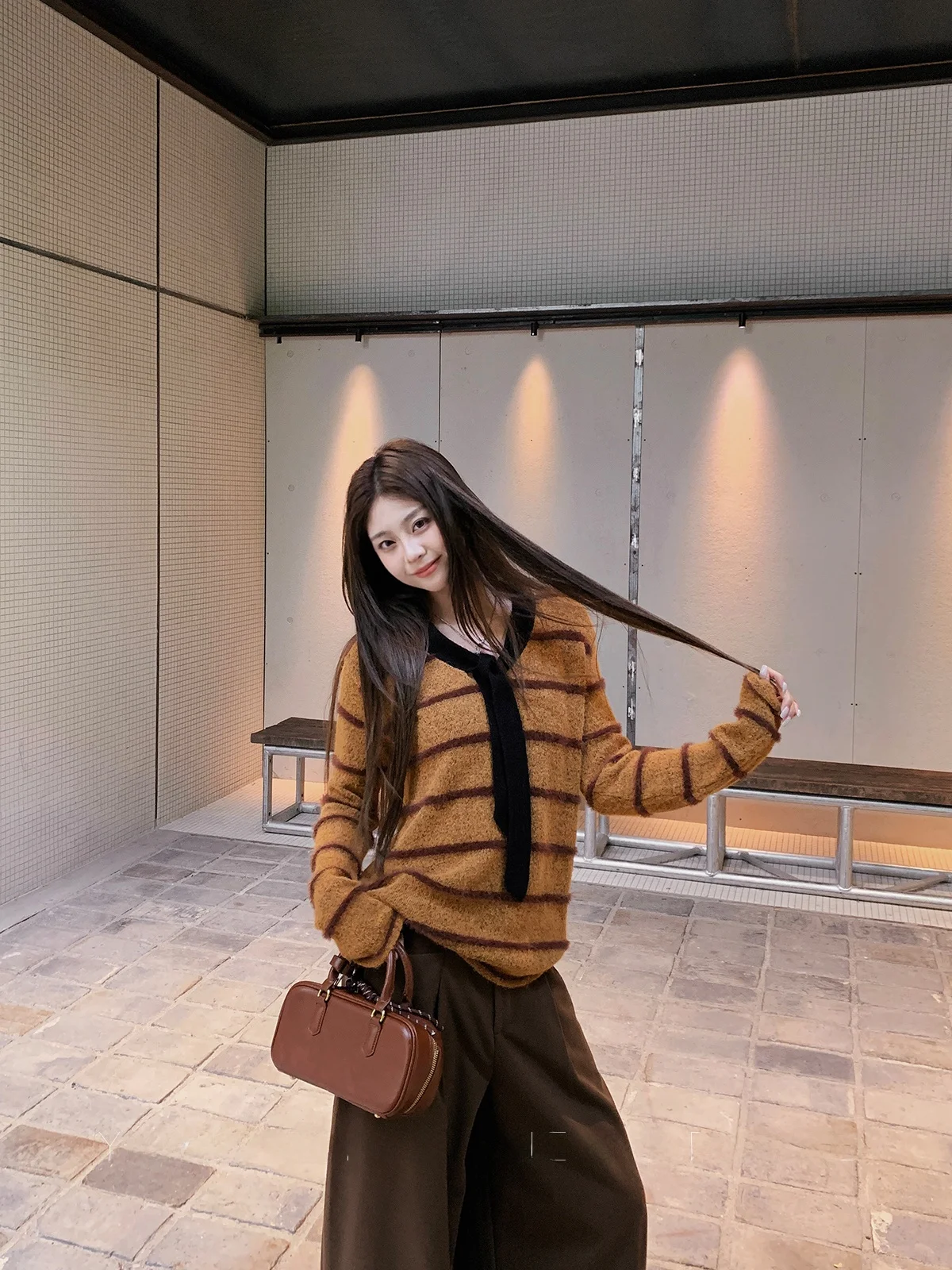 

Orange Striped V-Neck Knitted Sweater Women's Slimming Tie Waist Casual Loose Fit Long Sleeve Thermal Comfortable Fashion Top