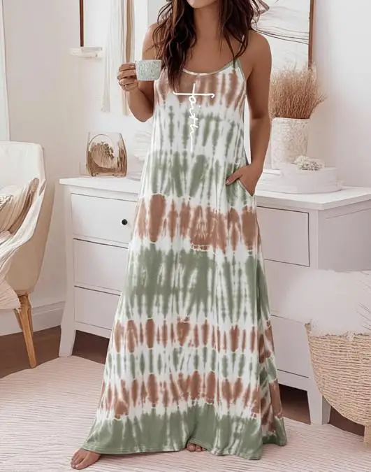 

Womens Dresses New Faith Letter Tie Dye Print U-Neck Adjustable Spaghetti Straps Maxi Dress Casual Backless Loose Fit Cami Dress