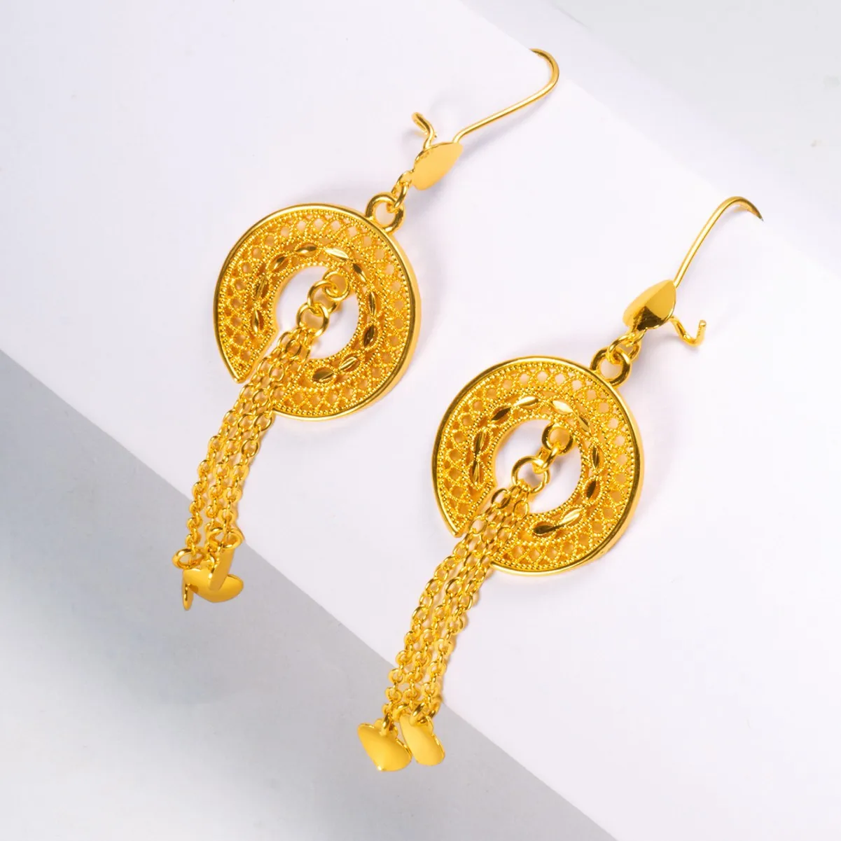 9999 gold pendant earrings - flowing fringes earrings for Middle Eastern Dubai brides, women's round earrings jewelry