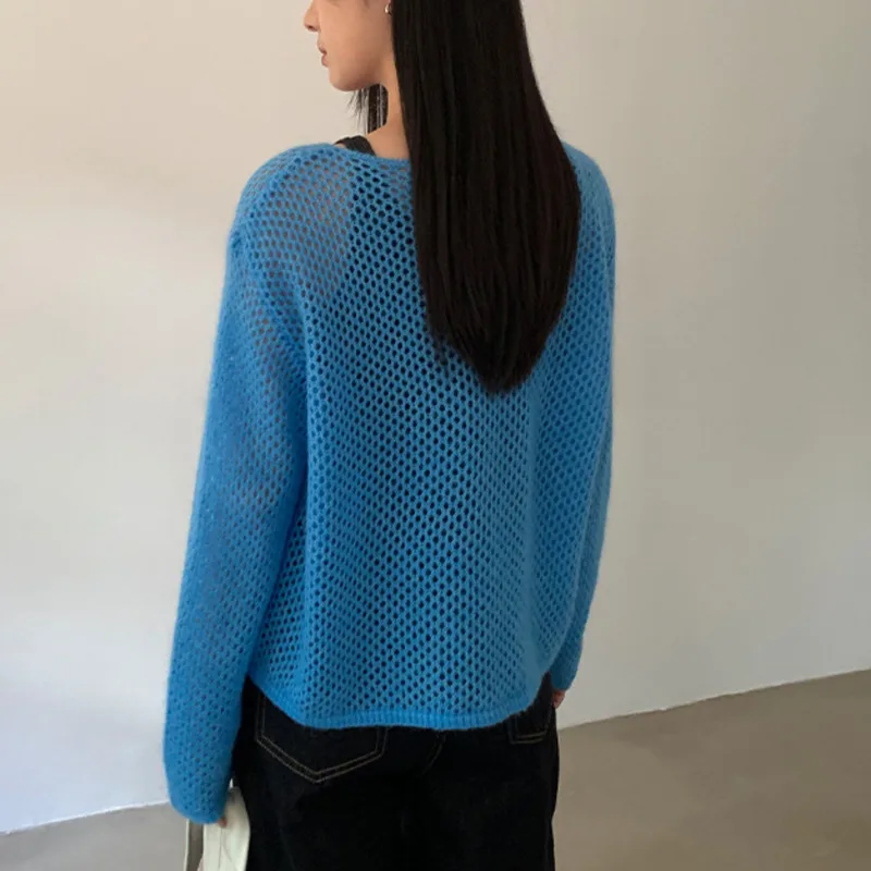 HKSH Autunno Nuove Donne T-Shirt Scava Fuori O-Collo Pullover A Maniche Lunghe di Colore Solido Lavorato A Maglia Allentato Elegante High Street Magliette E Camicette HK11748