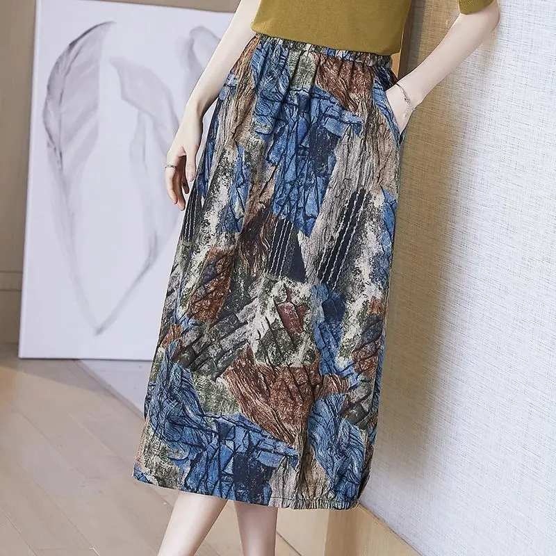 

Весенне-летняя новая тонкая юбка в стиле ретро с литературным цветочным принтом и большая универсальная свободная длинная юбка для женщин