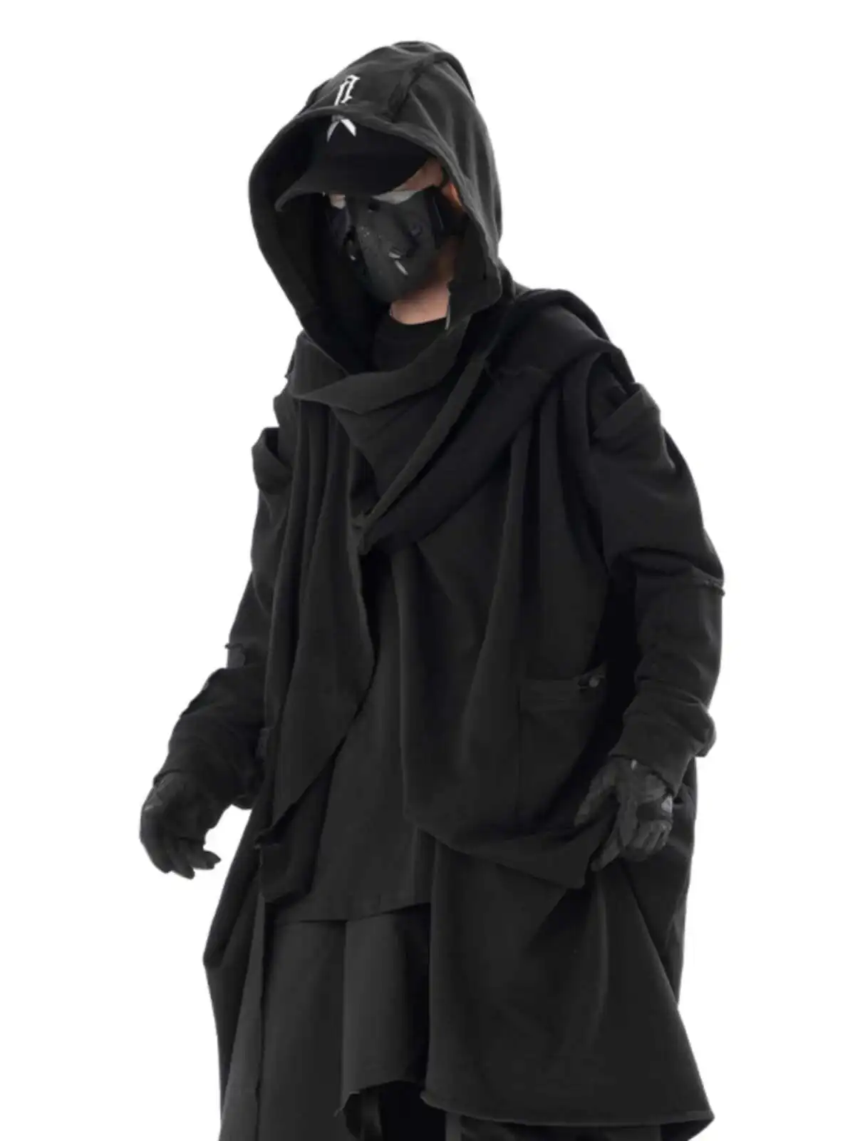 Mantel Hujan Pria Pakaian Jalanan Penahan Angin Pria Gotik dengan Saku Tudung Desain Tahan Angin Panjang Sedang Warna Solid untuk Pria