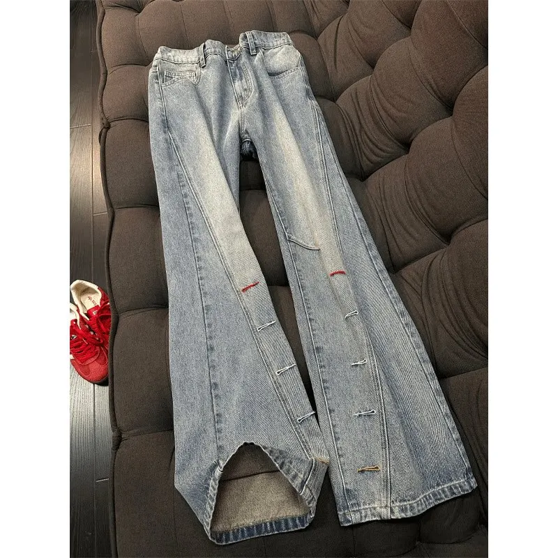 Cleanfit Blue Washed Embroidered Slant Cut Jeans Men's American High Street Knife Straight Micro Flared Pants Casual Cotton