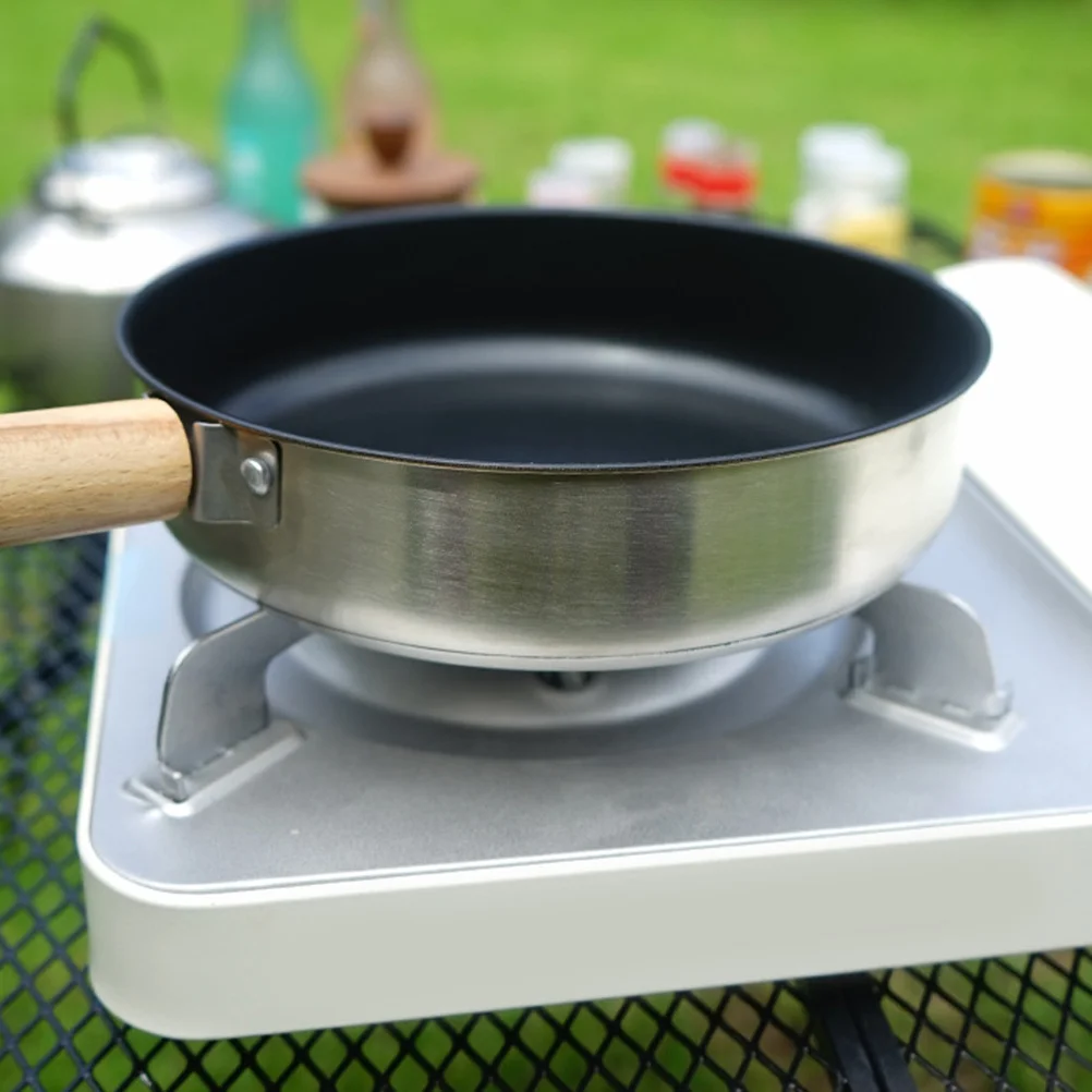 

Camping Nonstick Fry Pan Flat Bottom Wooden Handle Portable Pan for Eggs Pancakes Steaks Compatible with Gas Induction