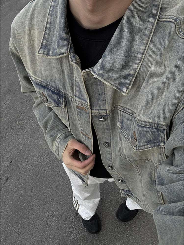 

Blue ort Waed Denim Jaet Men's Spring Autumn American Retro Workwear Jaet Cleanfit Collar Utili ket Design