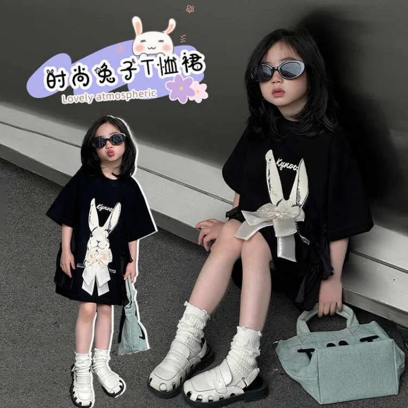 

Girls' Summer Dress Cartoon Printed Long T-Shirt Dress Children's Short-Sleeved Casual Skirt