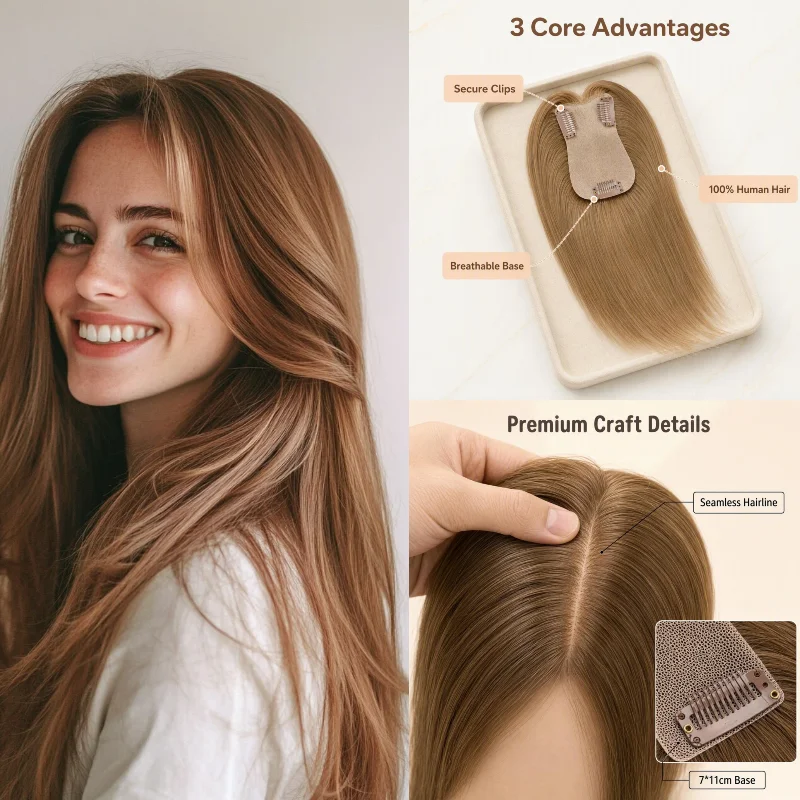 Human Remy Hair Hair Extensions Topper 7x11cm 10inch Silk Base #18 #1001 For Wide Crown Part & Hairline Recession Wholesale