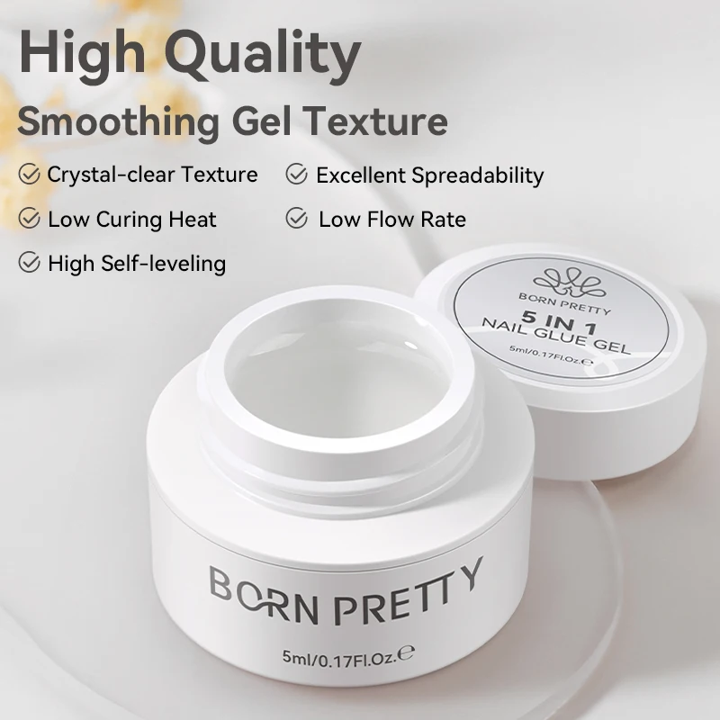 BORN PRETTY 5 in 1 Nail Glue Gel 5ml Multi-functional No Wipe Top Coat Nail Reinforcement Rub Chrome Power Rhinestone Stick Gel