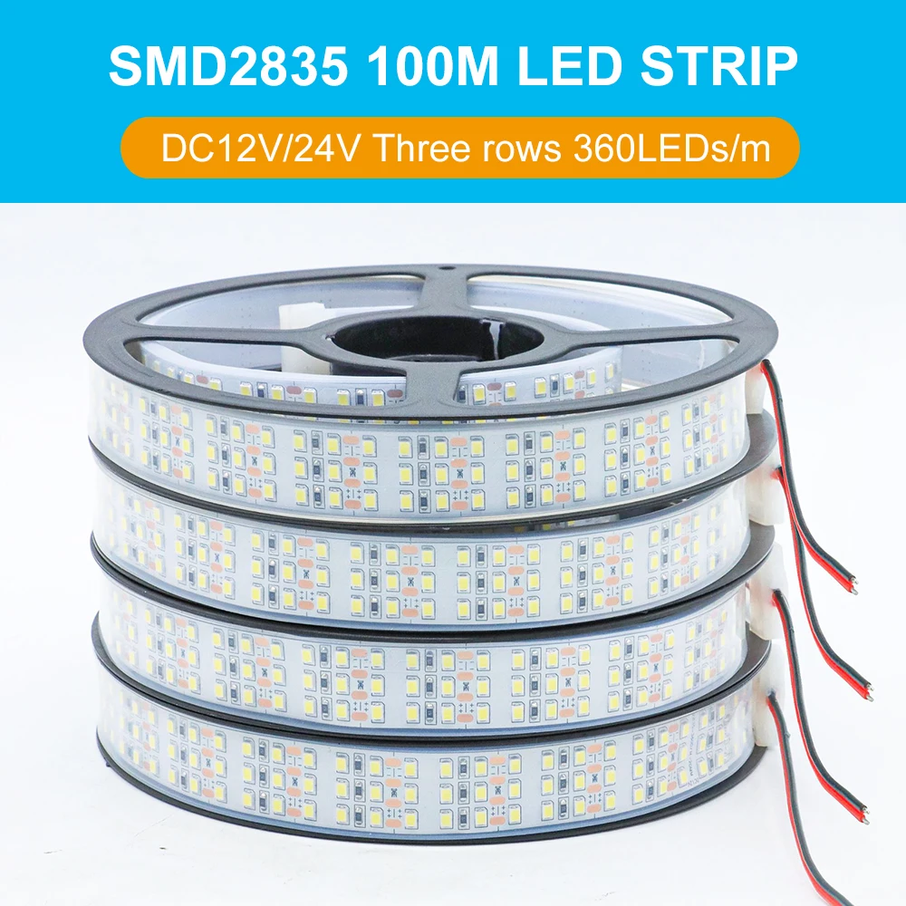 

100m High Brightness SMD2835 Three Row 360Leds/m DC12V/24V IP20 IP67 Waterproof Flexible Led Tape Outdoor Project Lighting 4000K