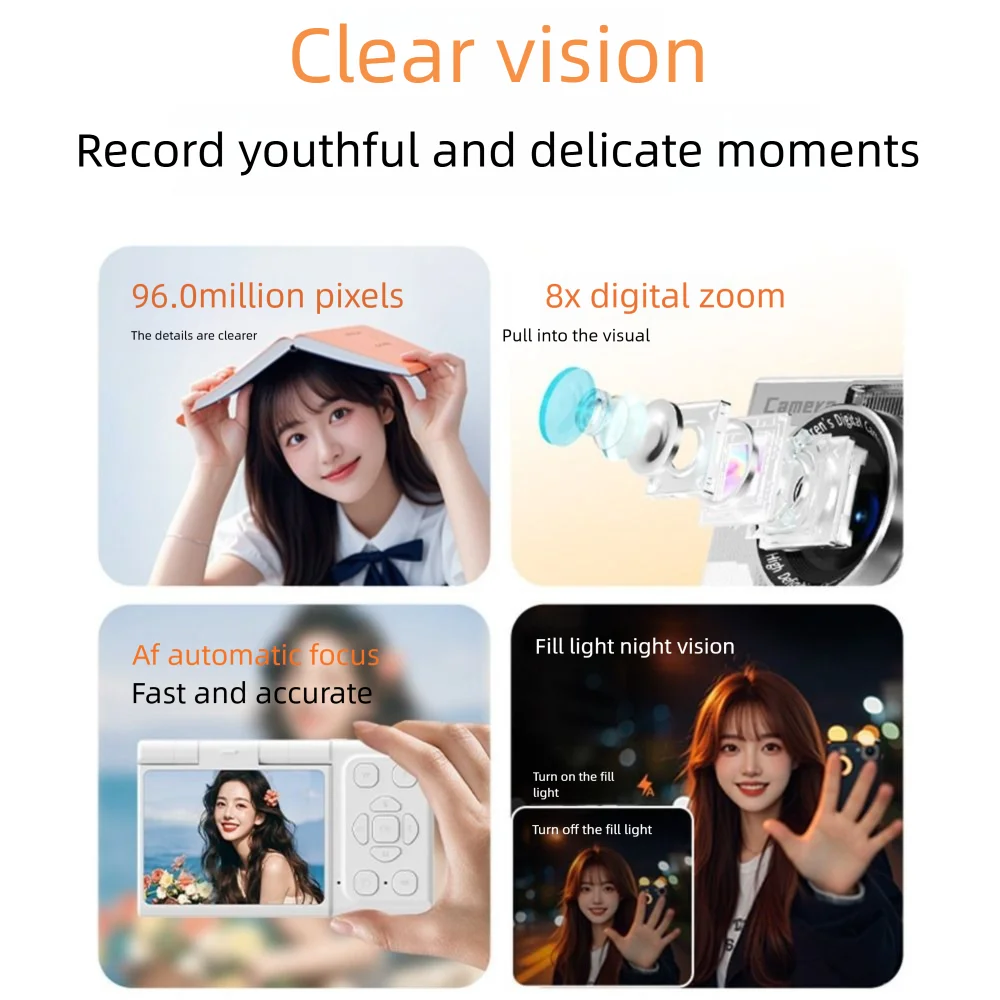 2.4' Screen 1080P HD Digital Camera 8x Zoom Flash Light Photography Video Camcorder 180°Flip Screen Anti-Shake