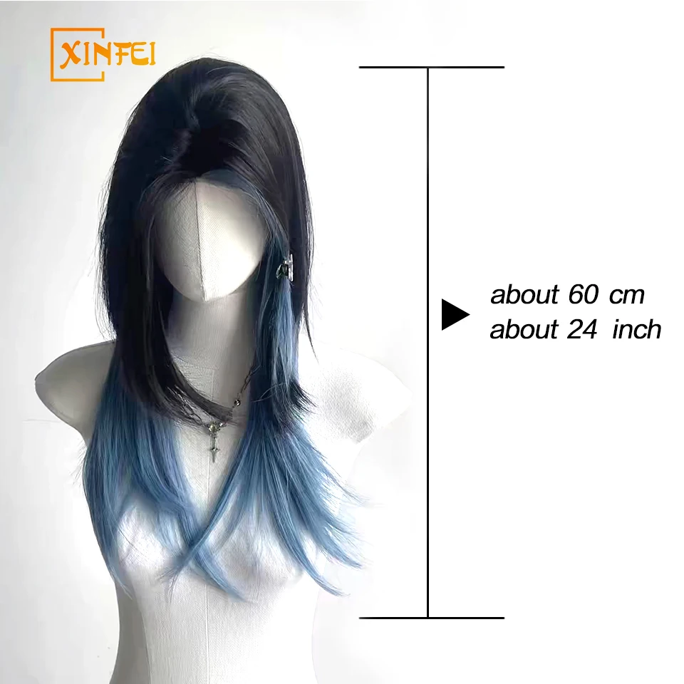 Synthetic Black And Blue Wolf Tail Wig Female Long Hair Summer Blue Highlighted Jellyfish Mullet Head Long Straight Hair Cos Wig