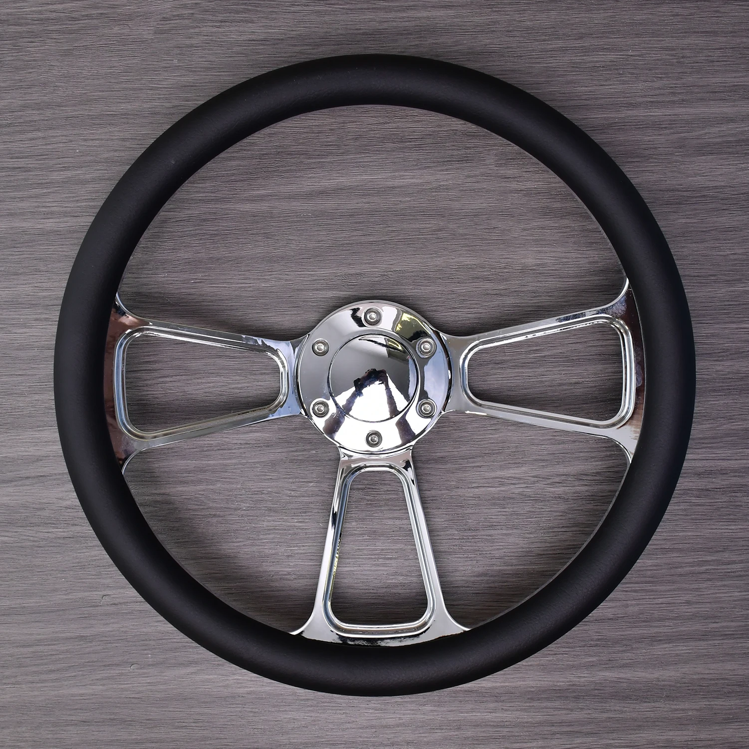 

Tiypeor Universal Classic Retro Microfiber Leather Black Chrome Plated Three Spoke Bracket 14 inch 350mm steering wheel