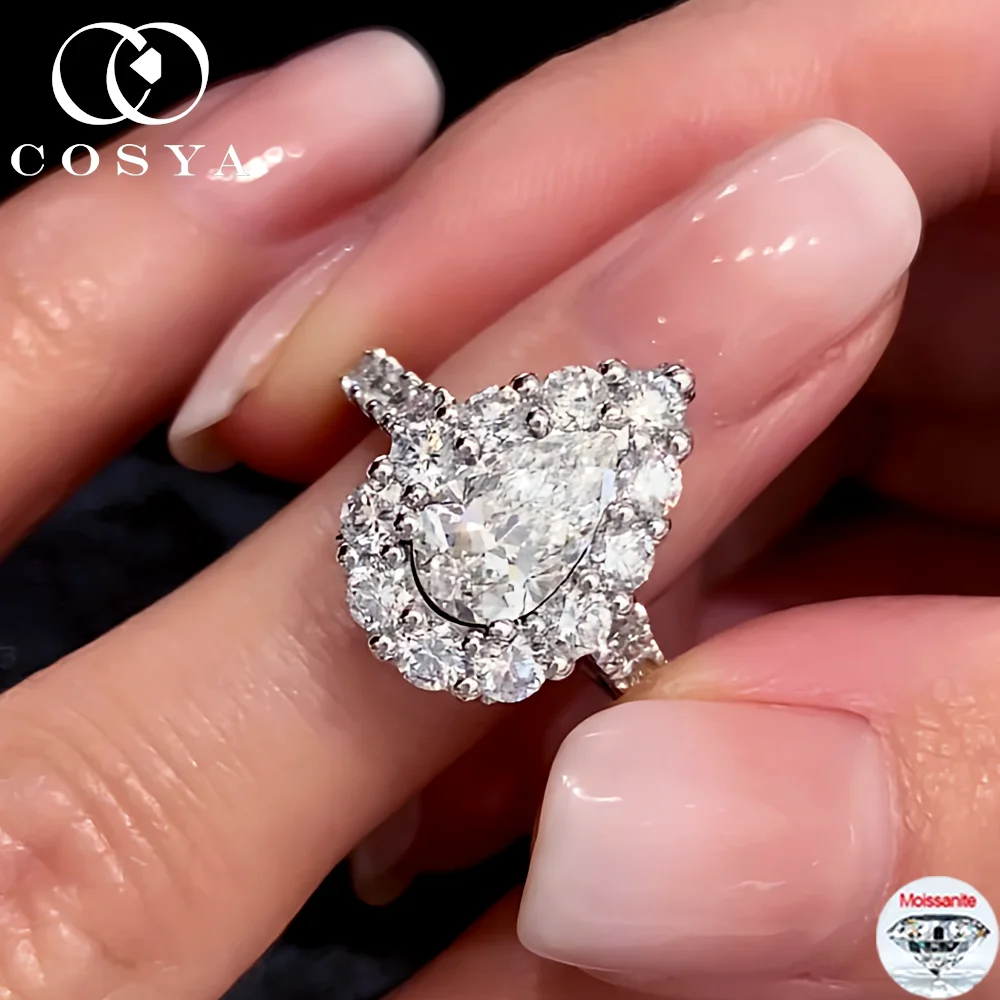 

COSYA 1.5CT 6*9mm Pear Cut Moissanite Halo Rings 100% 925 Silver Waterdrop Lab Diamond Sparkling Wedding Jewelry Gift For Women