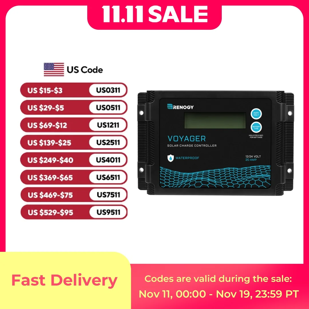 

Водонепроницаемый Контроллер заряда солнечной батареи Renogy Voyager 20A 12В/24В PWM с ЖК-дисплеем для AGM, Gel, утопленной и литиевой батареи,