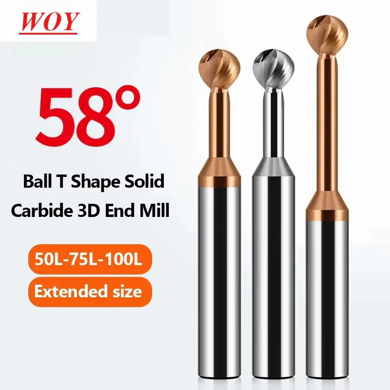 WOY Ball TShape Cutter Solid R0.5 R0.75 R2 R3 R4 R5 R6 R7 R8 R9 R10 Metal Steel Long Neck Aluminum Copper Iron Carbide 3D End