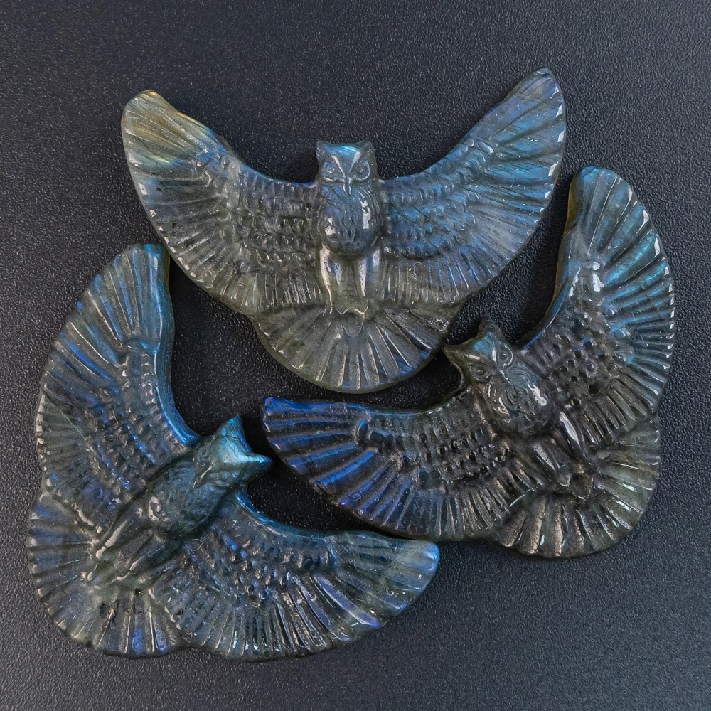 1Pcs Natural DIY Gemstone Supplies 32X49X9mm Blue Flash Labradorite Owl Artistic Carved Pendants for Jewelry Necklace No Chain