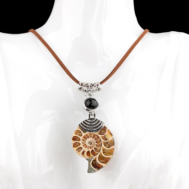 حجر سبج أسود حجر الأمونيت قلادة قلادة قابل للتعديل الجلود الحبل النساء الرجال للجنسين شفاء شقرا مجوهرات #2
