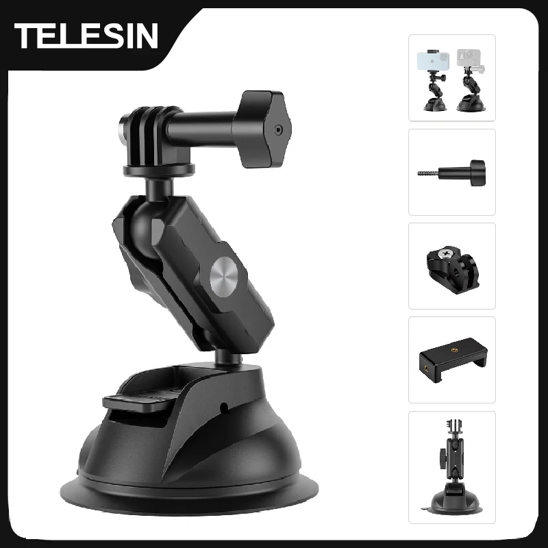 TELESIN support de caméra d'action ventouse pour Gopro DJI OSMO Action Insta360 support de téléphone intelligent réglable 1/4 adaptateur Standard