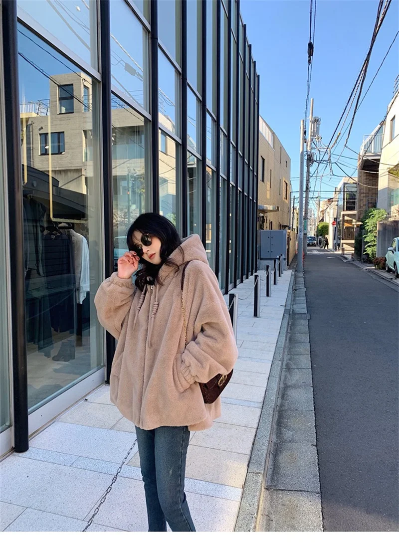 Autumn And Winter Plush And Thick Hooded Lamb Wool Jacket Women's Cotton Jacket Loose Plush Cotton Jacket Warm Cotton Jacket