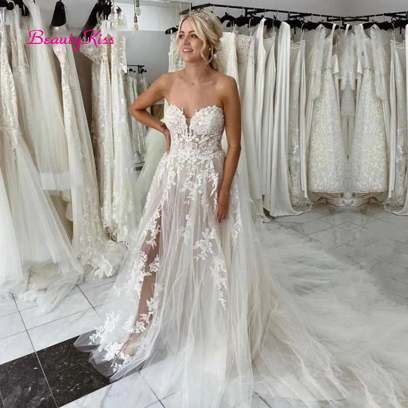 Romântico vestidos de casamento querida renda boho vestidos de casamento sexy lado dividir tule aberto voltar vestido de noiva sukienka na wesele