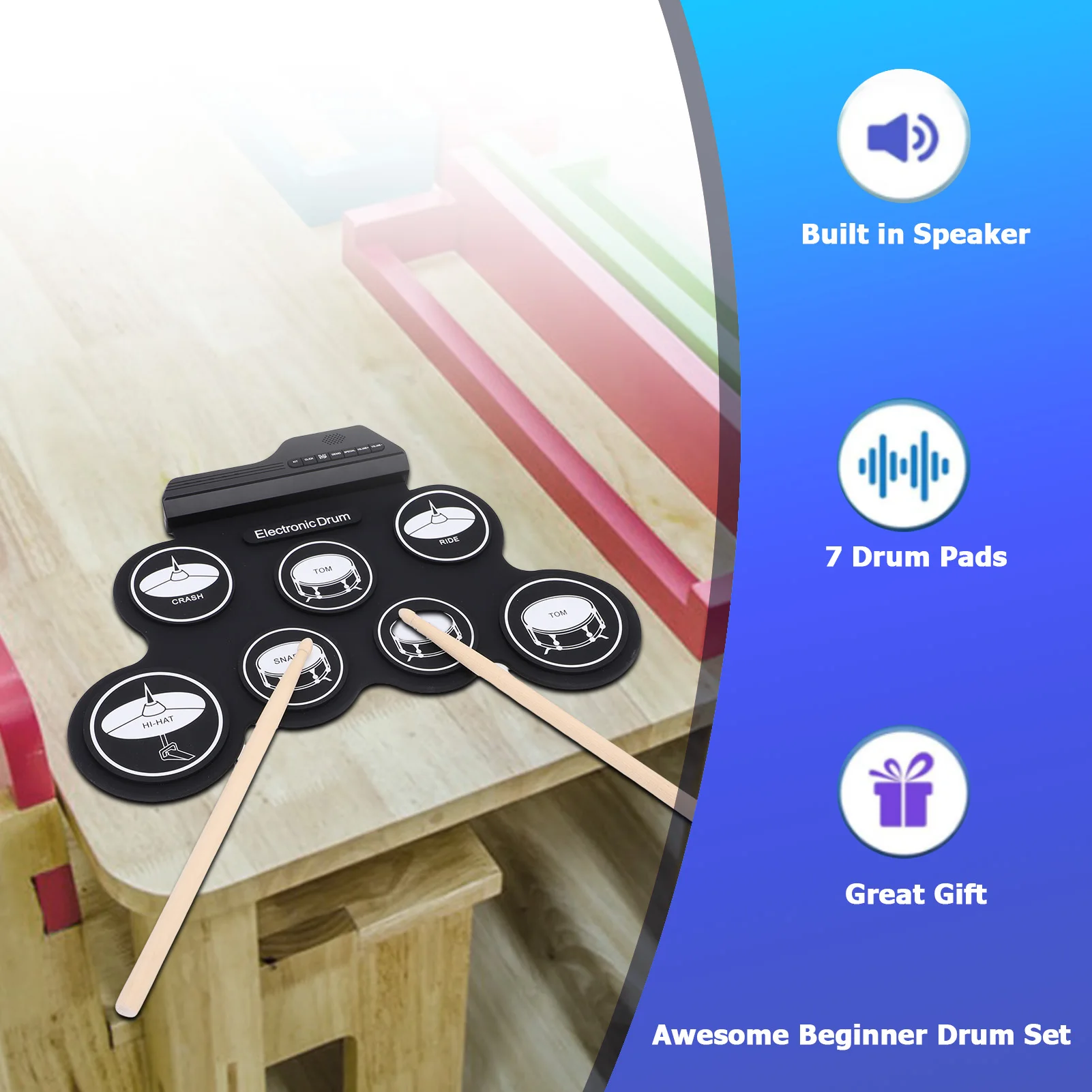 Portable Electronic Drum Roll Up Silicone Drum Set 7 Drum Pads 5 Tones MP3 Input with Speaker Drumsticks Pedal for Beginner