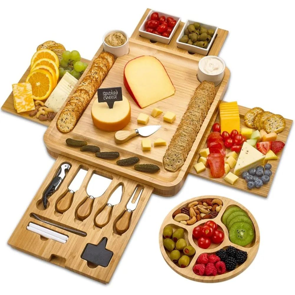 Large Charcuterie Board Set - Bonus Recipe Book - 2 Ceramic Bowls & Plates, 4 Magnetic Drawers Bamboo Cheese Knife Set